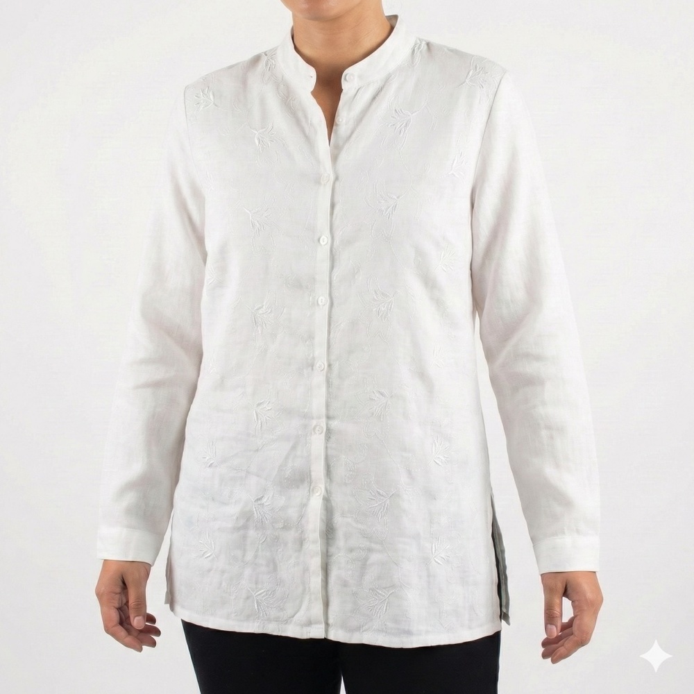 LAURA 100% Linen Embroidered Button Front Long Sleeve Tunic Top Side Splits Sz L